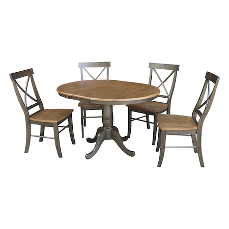 International Concepts Round 36 in Rd Extension Dining table, 4 RTA chairs, Hickory/Washed Coal, 36 W, 48 L, 29.3 in H, Wood K45-36RXT-C613-4